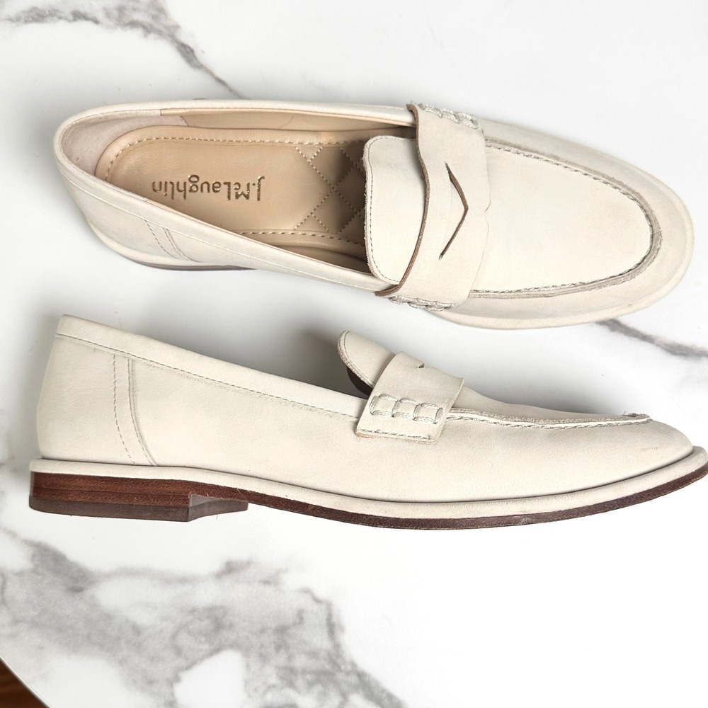 J.McLaughlin Concetta Ivory Leather Penny Loafers Womens Size 6.5 Classic Preppy